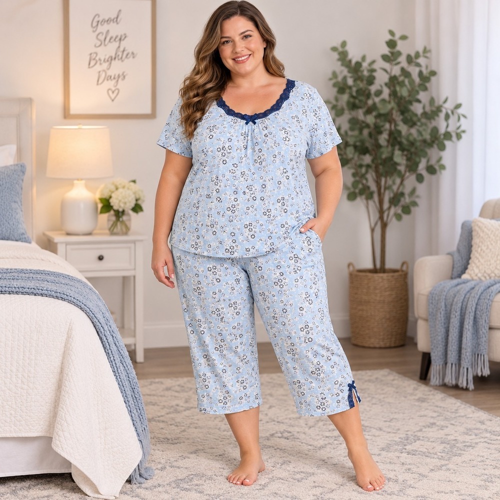Rene Rofe Blue Ditzy Floral Pajama Set Women's 1X Plus Grannycore Coquette Cozy